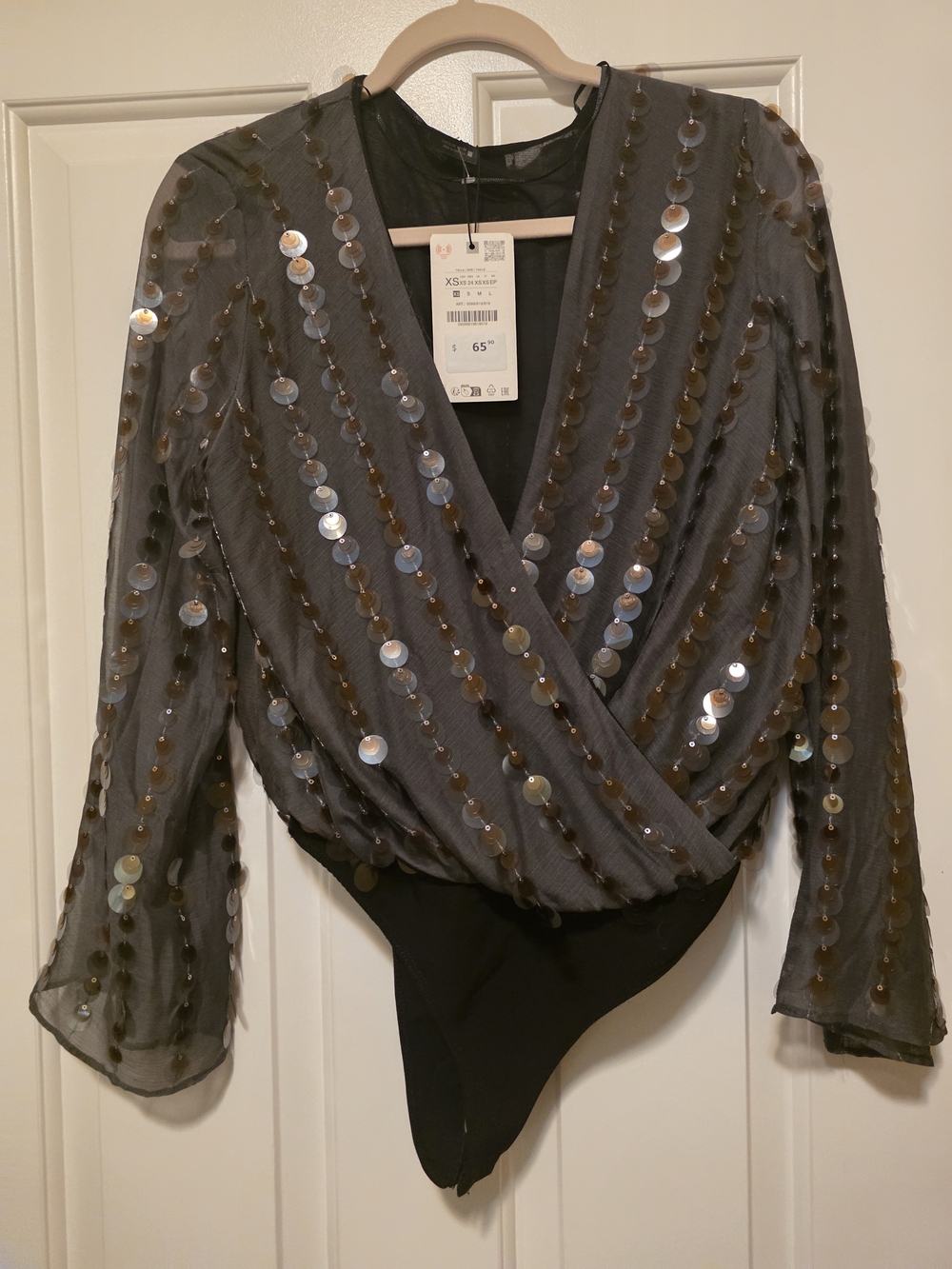 Zara Black Sequin Wrap Bodysuit Top